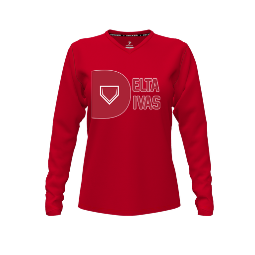 [CUS-DFW-TEES-CMF-VNK-LSL-RED-FYXS-LOGO3] Decker Comfort T-Shirt (Female Youth XS, Red, V Neck, Logo 3, Long Sleeve)