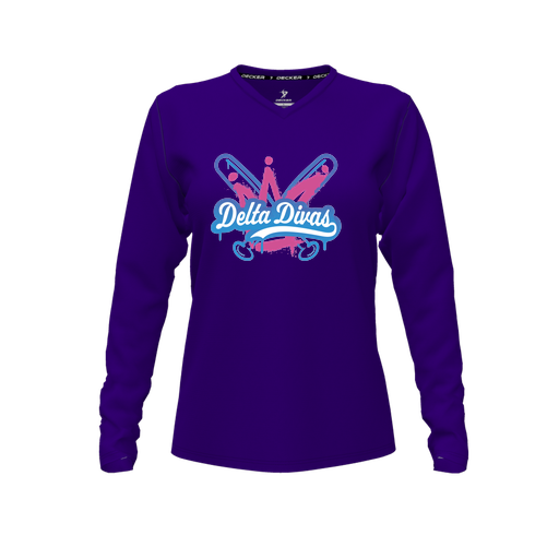 [CUS-DFW-TEES-CMF-VNK-LSL-PUR-FYXS-LOGO1] Decker Comfort T-Shirt (Female Youth XS, Purple, V Neck, Logo 1, Long Sleeve)