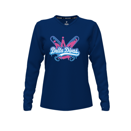 [CUS-DFW-TEES-PER-VNK-LSL-NVY-FYXS-LOGO1] Decker Performance T-Shirt (Female Youth XS, Navy, V Neck, Logo 1, Long Sleeve)