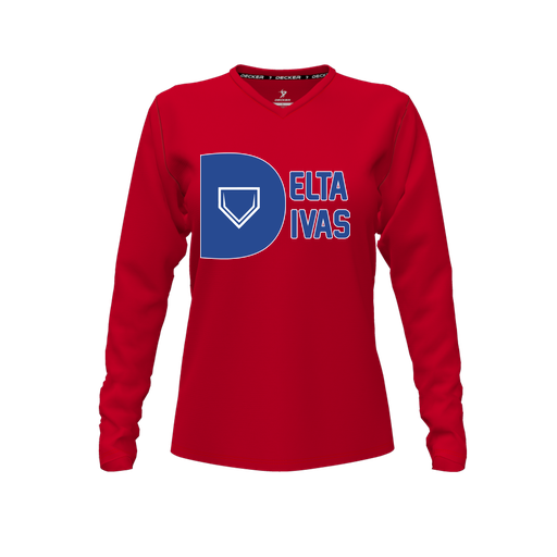 [FTLVPTRD-FYXS-LOGO2] Decker Performance T-Shirt (Female Youth XS, Red, V Neck, Logo 2, Long Sleeve)